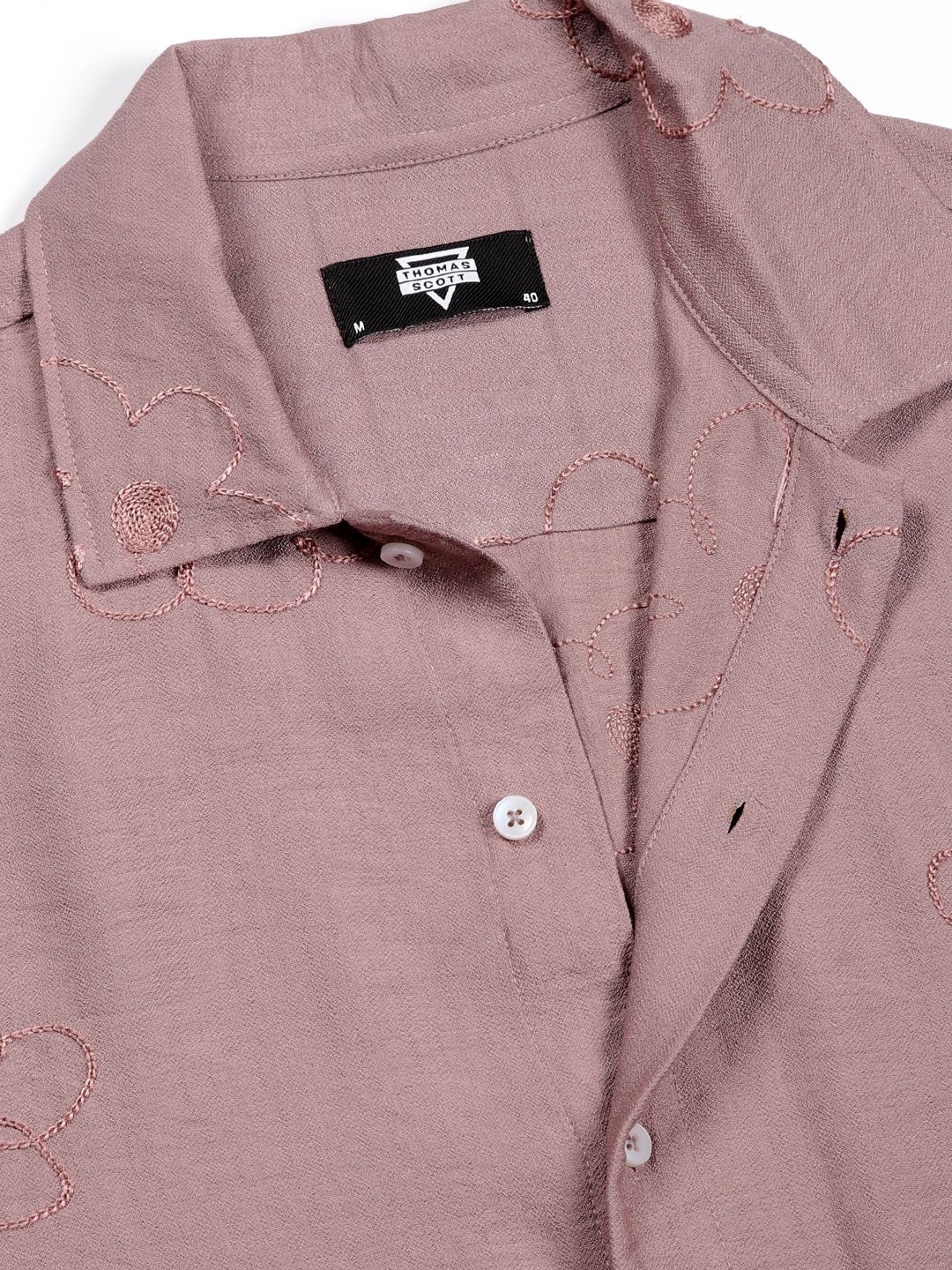 Pink Regular Fit Short Sleeves Cuban Collar Embroidered Shirt For Men