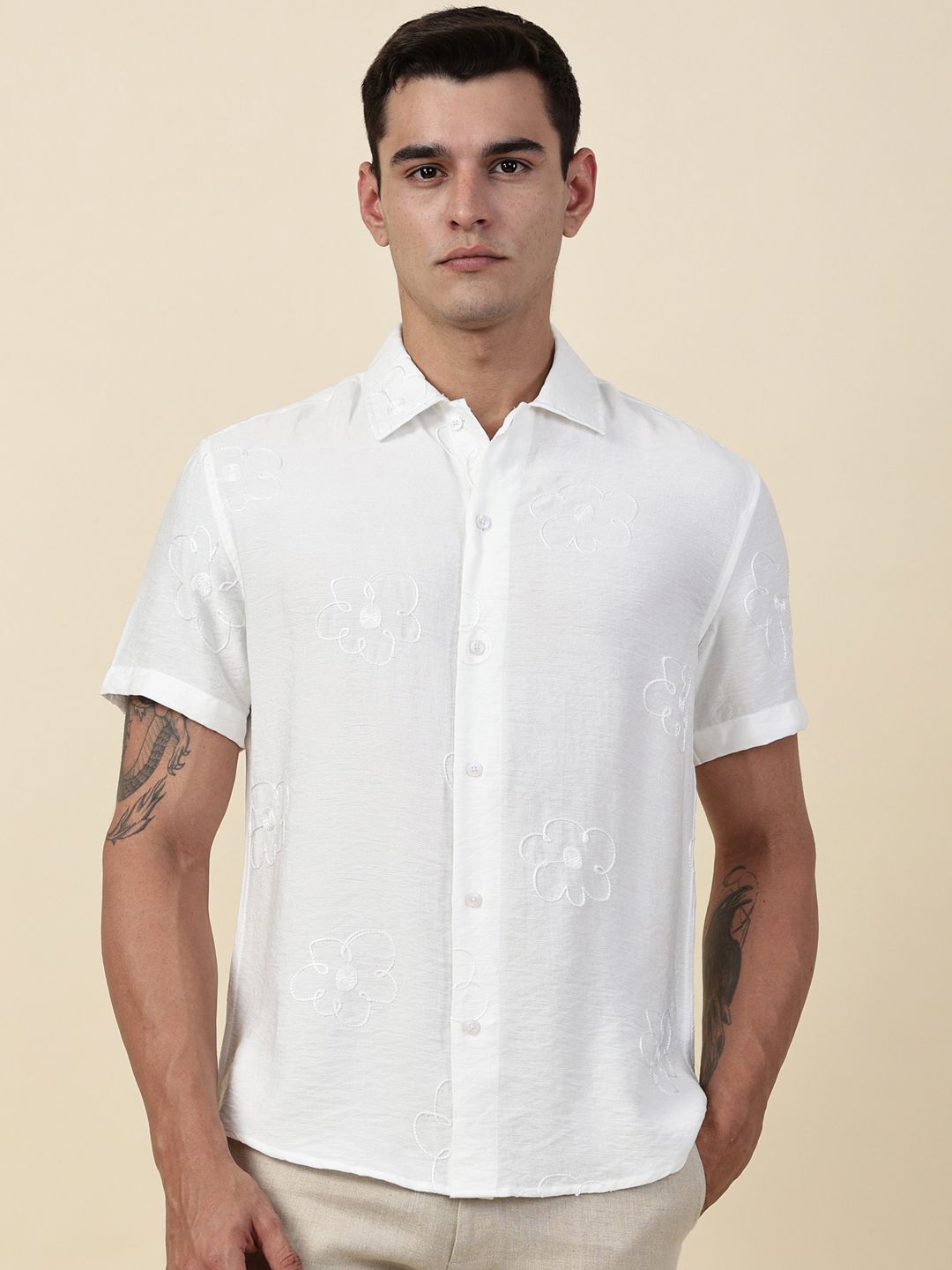 White Regular Fit Short Sleeves Cuban Collar Embroidered Shirt For Men