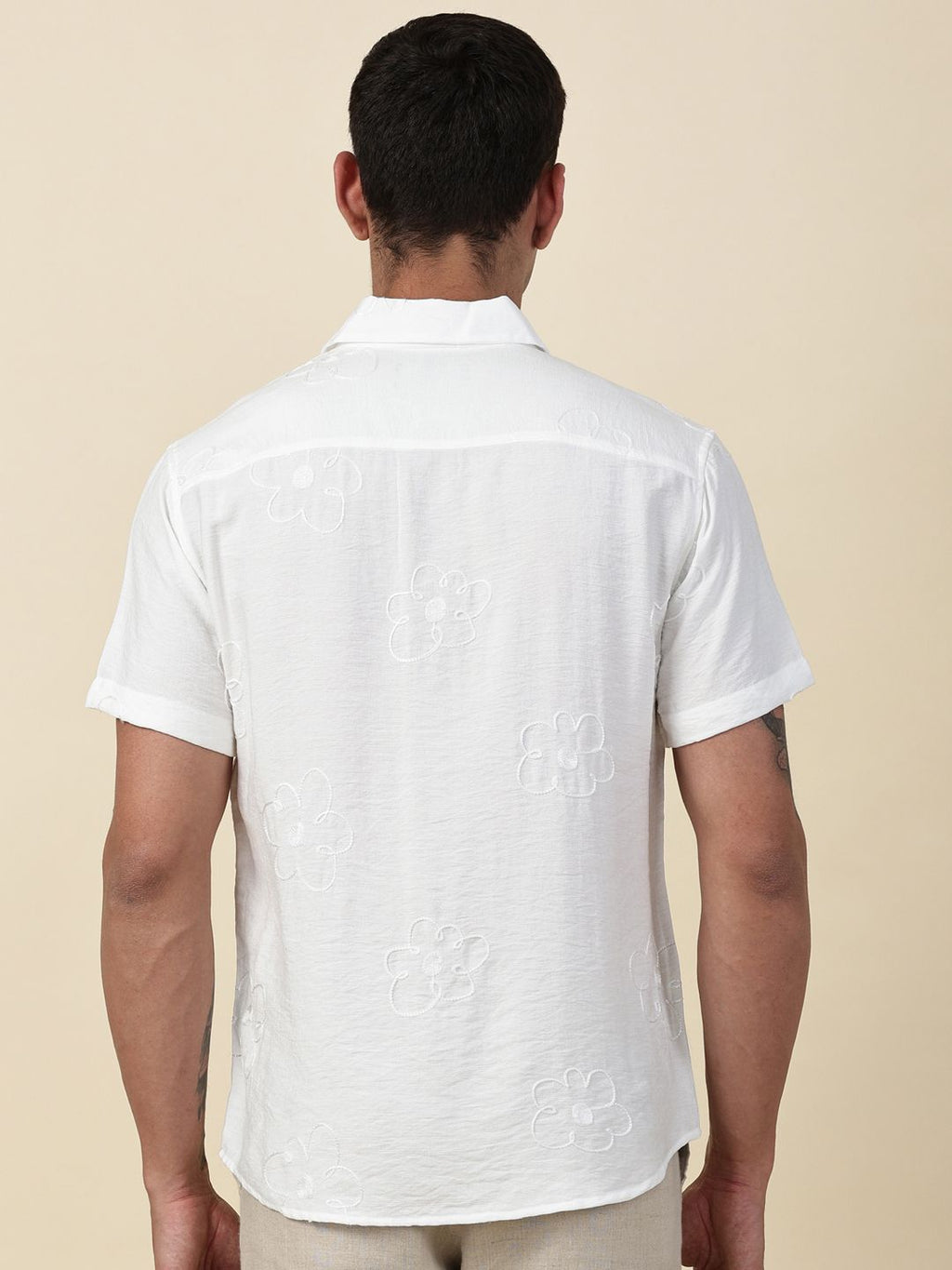 White Regular Fit Short Sleeves Cuban Collar Embroidered Shirt For Men