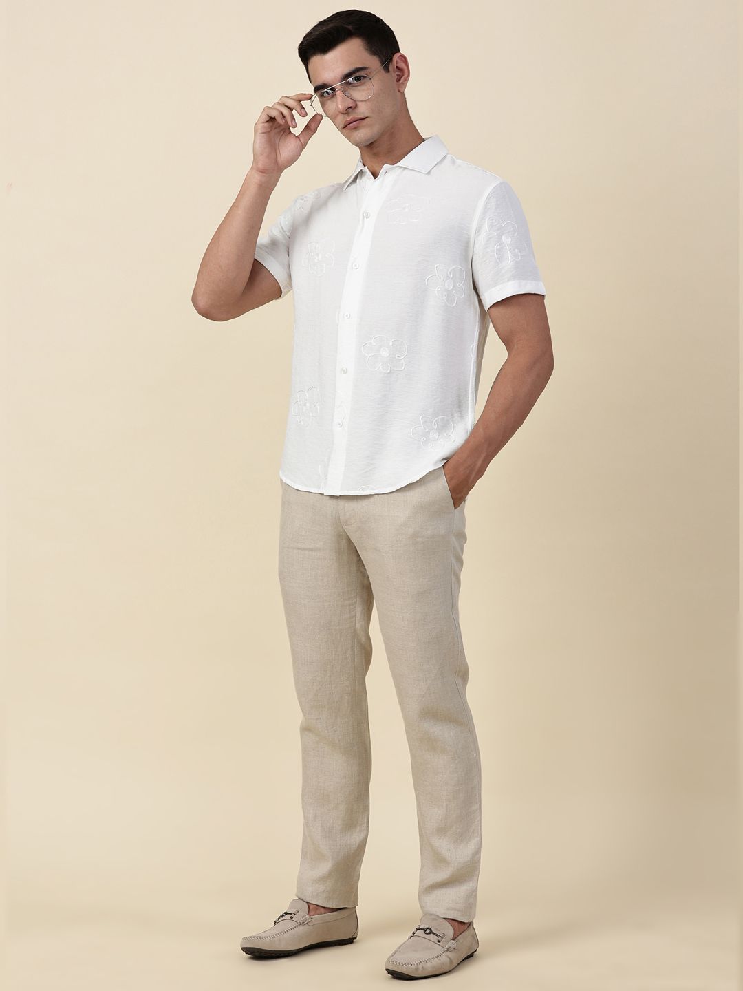 White Regular Fit Short Sleeves Cuban Collar Embroidered Shirt For Men