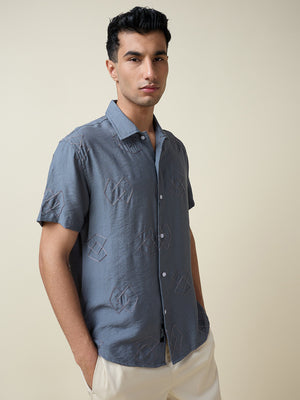 Thomas Scott Men Grey Short Sleeves Spread Collar Oversized Embroidered Shirt
