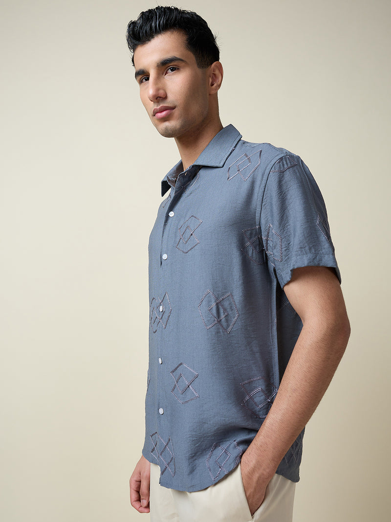Thomas Scott Men Grey Short Sleeves Spread Collar Oversized Embroidered Shirt