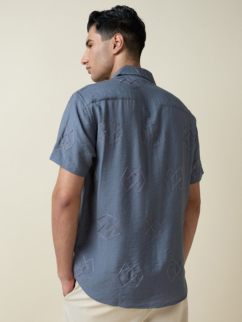 Thomas Scott Men Grey Short Sleeves Spread Collar Oversized Embroidered Shirt