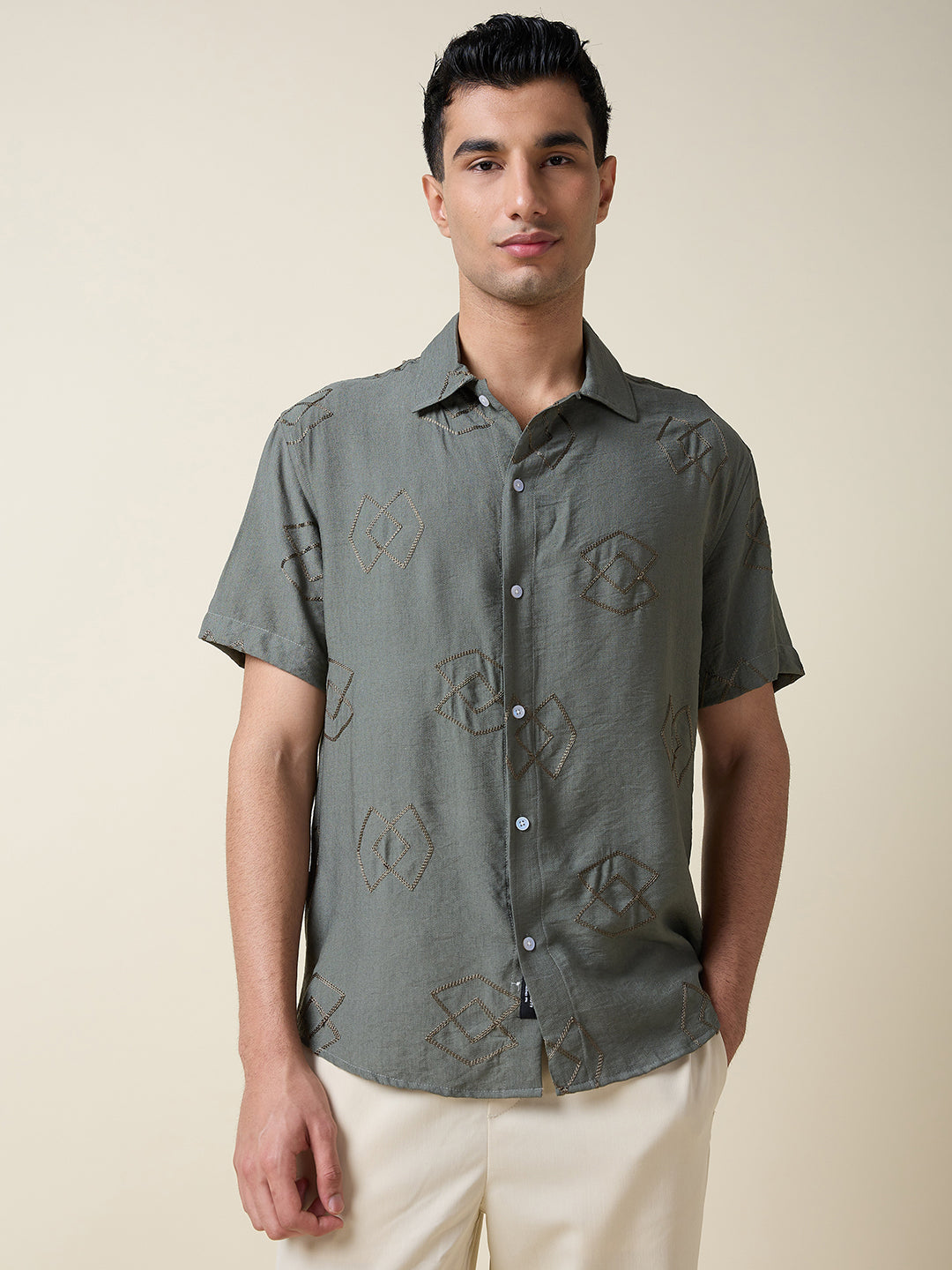 Thomas Scott Men Olive Short Sleeves Spread Collar Oversized Embroidered Shirt