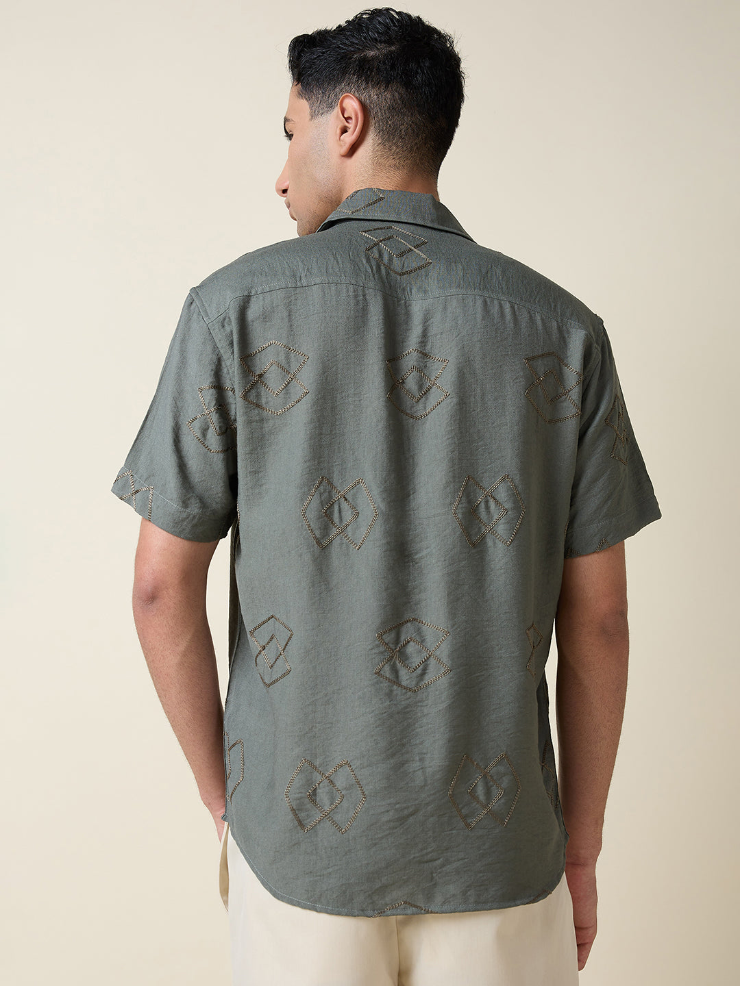 Thomas Scott Men Olive Short Sleeves Spread Collar Oversized Embroidered Shirt