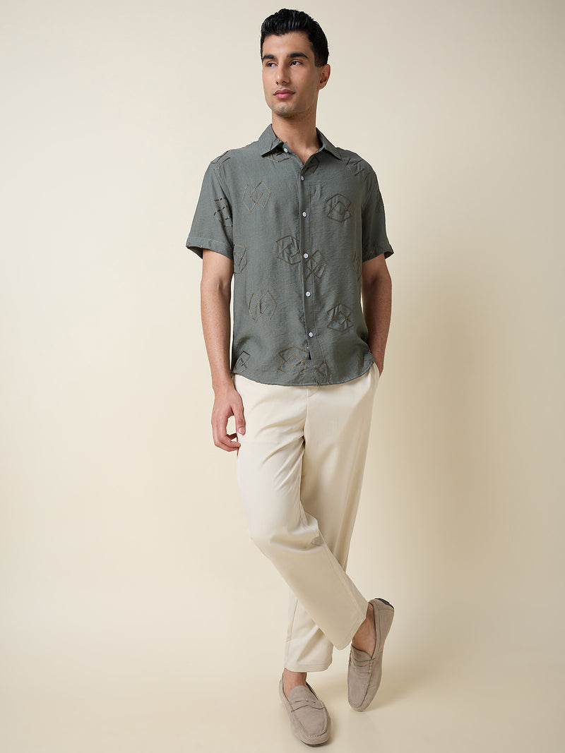 Thomas Scott Men Olive Short Sleeves Spread Collar Oversized Embroidered Shirt