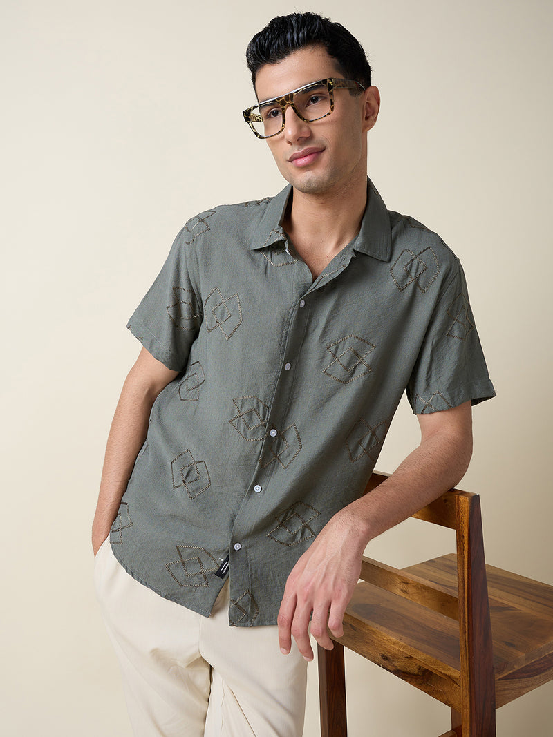 Thomas Scott Men Olive Short Sleeves Spread Collar Oversized Embroidered Shirt