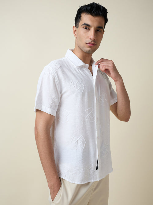 Thomas Scott Men White Short Sleeves Spread Collar Oversized Embroidered Shirt