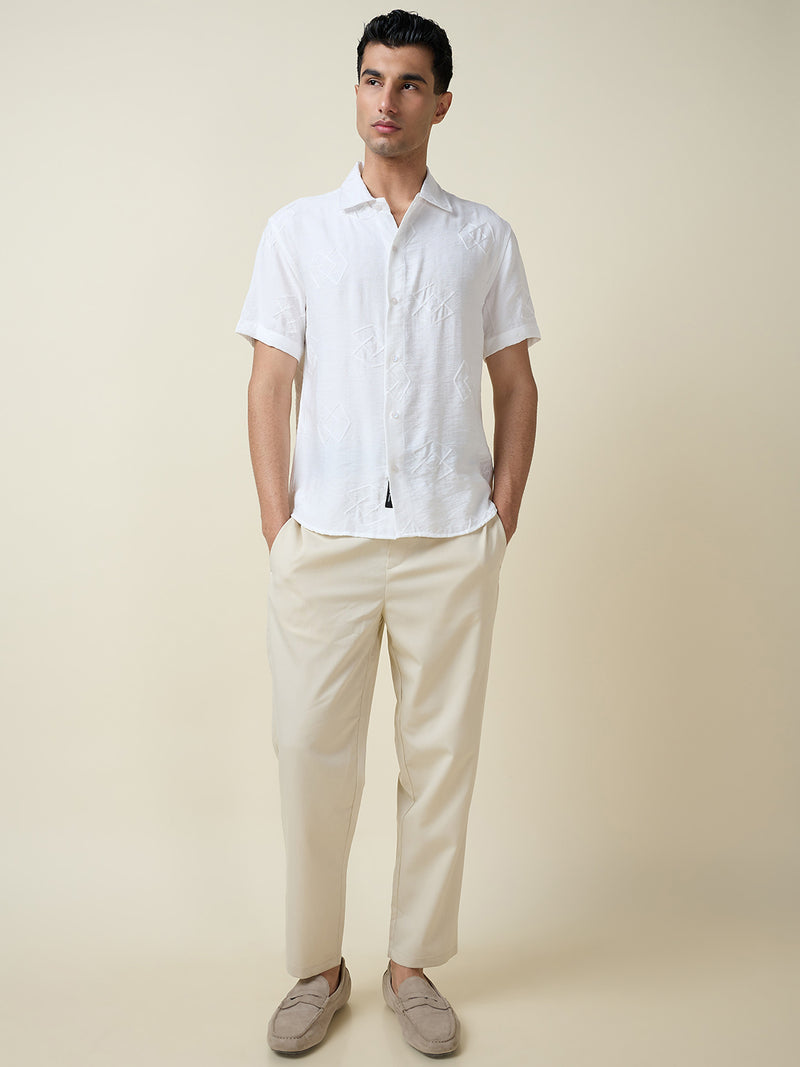 Thomas Scott Men White Short Sleeves Spread Collar Oversized Embroidered Shirt