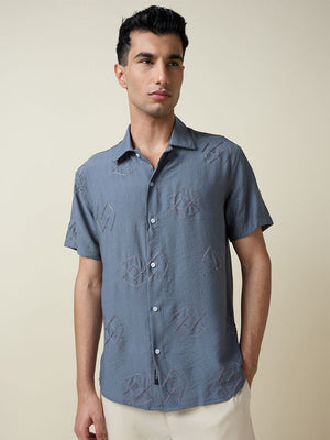 Grey Short Sleeves Spread Collar Oversized Embroidered Shirt For Men