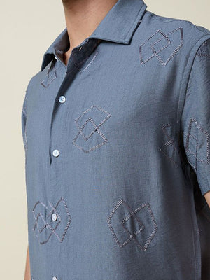 Grey Short Sleeves Spread Collar Oversized Embroidered Shirt For Men
