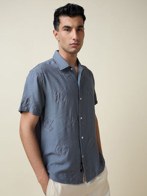 Grey Short Sleeves Spread Collar Oversized Embroidered Shirt For Men