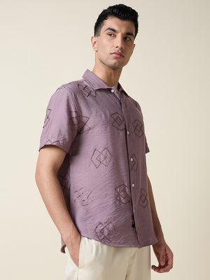Thomas Scott Men Mauve Short Sleeves Spread Collar Oversized Embroidered Shirt
