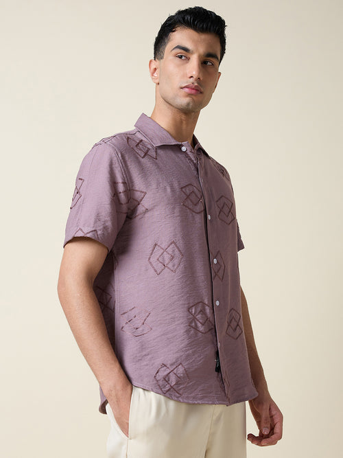 Thomas Scott Men Mauve Short Sleeves Spread Collar Oversized Embroidered Shirt