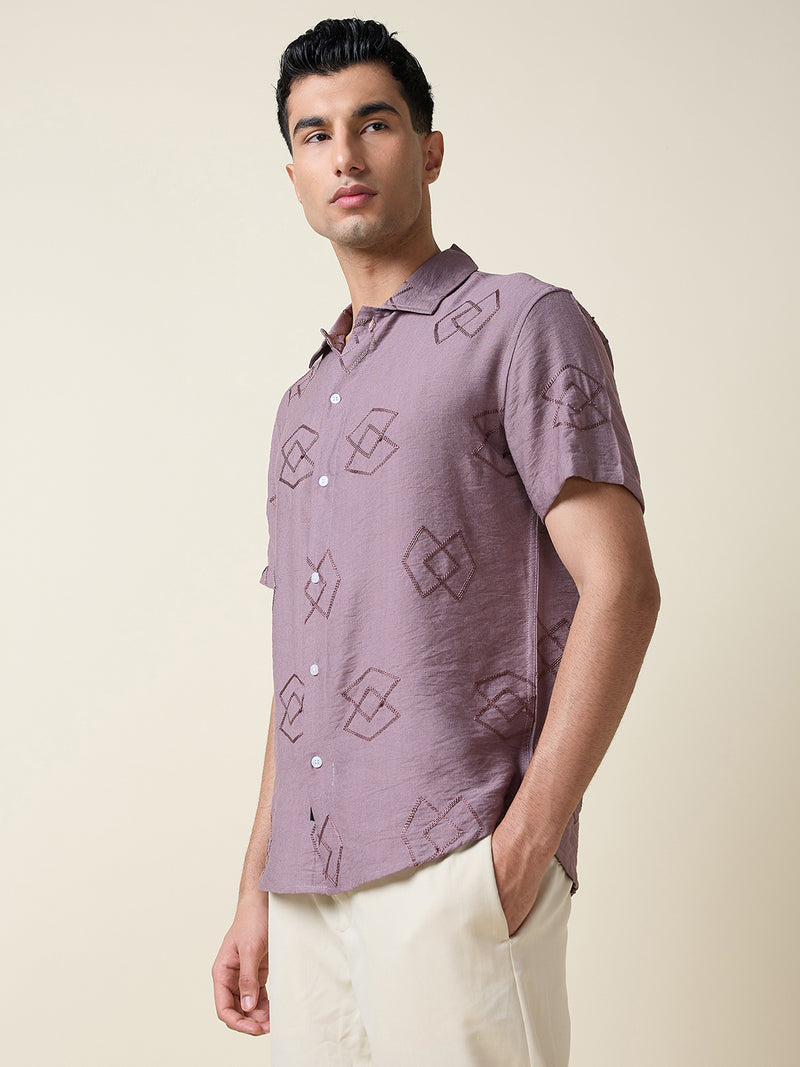 Thomas Scott Men Mauve Short Sleeves Spread Collar Oversized Embroidered Shirt