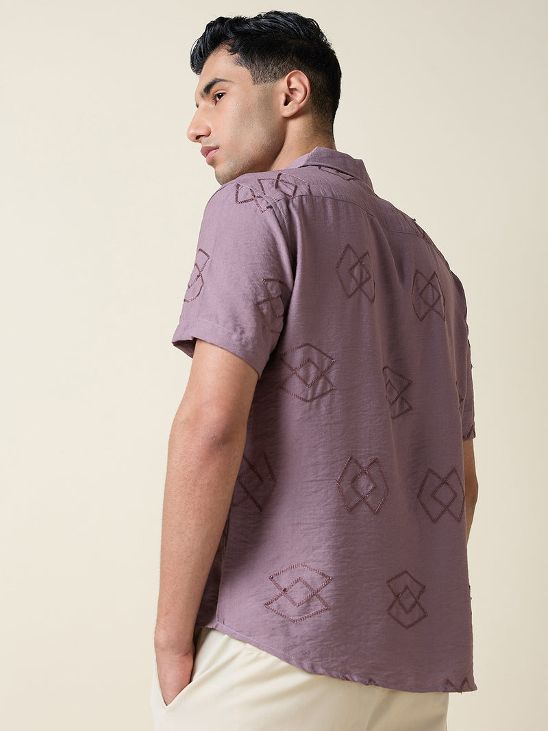 Thomas Scott Men Mauve Short Sleeves Spread Collar Oversized Embroidered Shirt