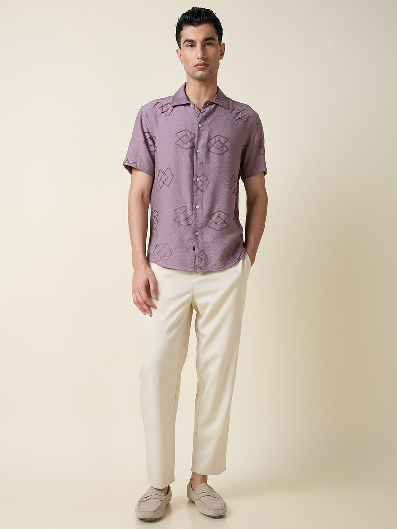 Thomas Scott Men Mauve Short Sleeves Spread Collar Oversized Embroidered Shirt