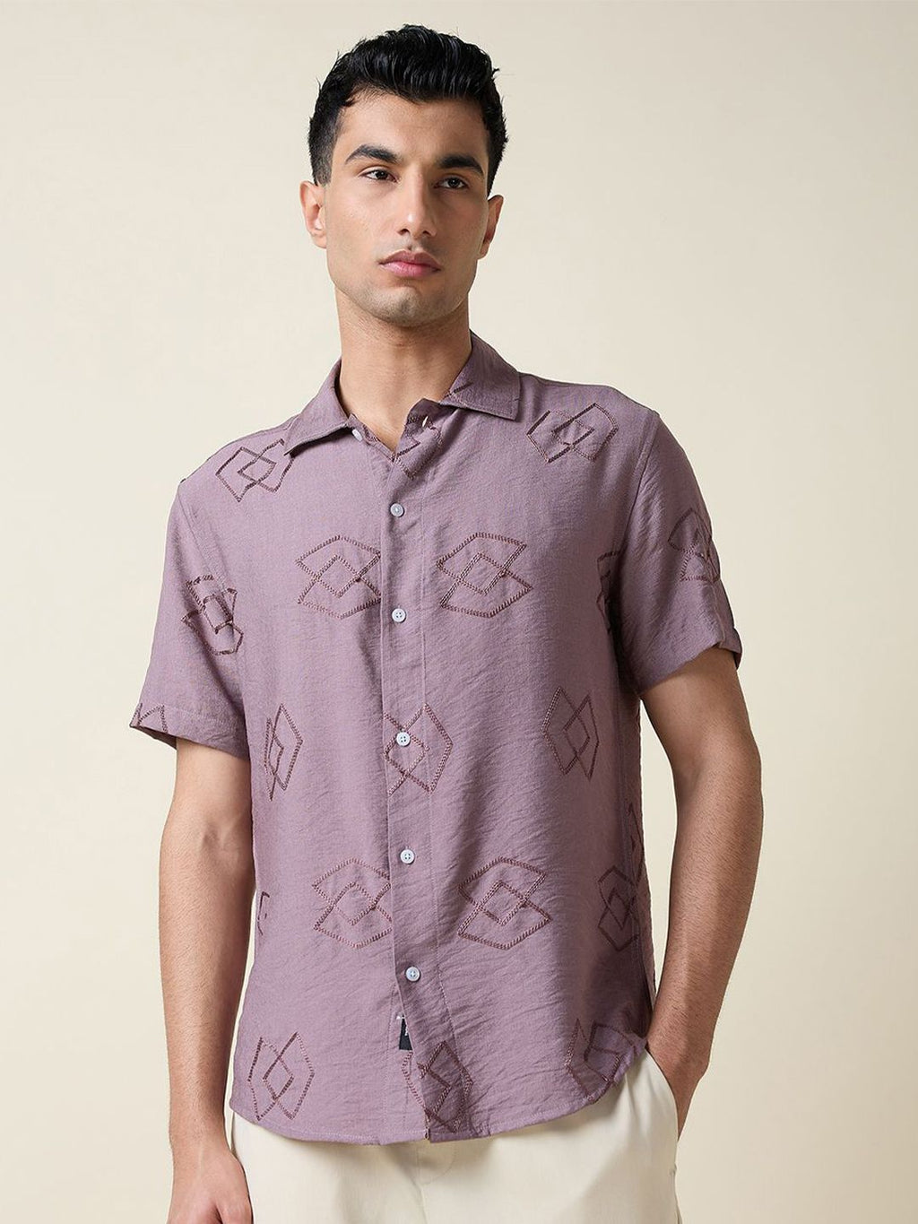Mauve Short Sleeves Spread Collar Oversized Embroidered Shirt For Men