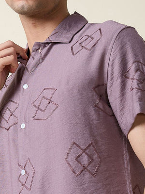 Mauve Short Sleeves Spread Collar Oversized Embroidered Shirt For Men
