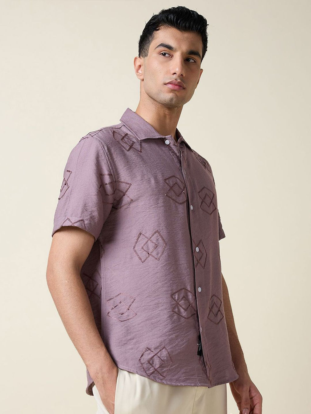 Mauve Short Sleeves Spread Collar Oversized Embroidered Shirt For Men