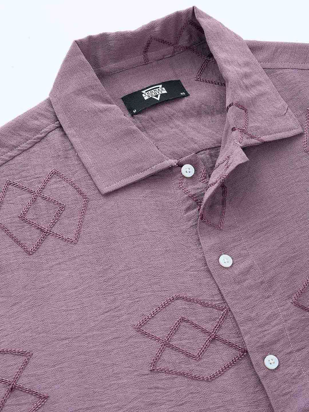 Mauve Short Sleeves Spread Collar Oversized Embroidered Shirt For Men