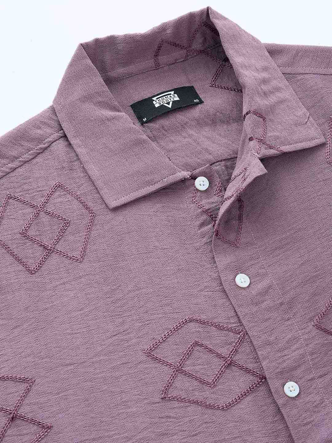Mauve Short Sleeves Spread Collar Oversized Embroidered Shirt For Men