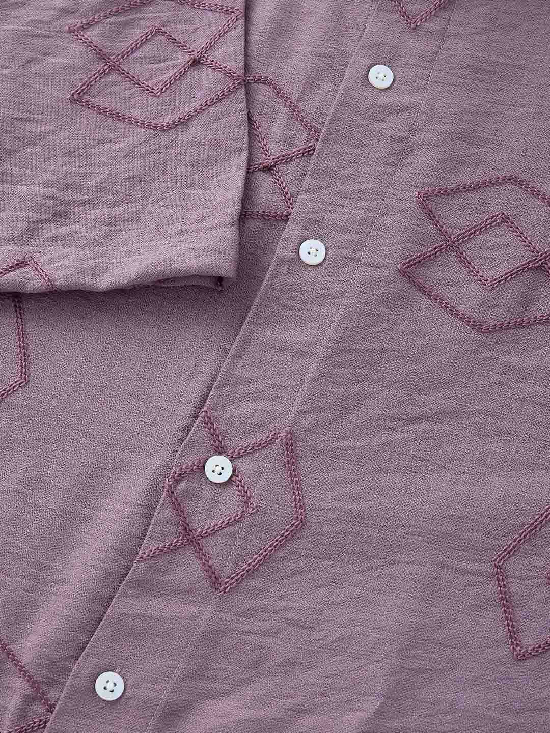 Mauve Short Sleeves Spread Collar Oversized Embroidered Shirt For Men