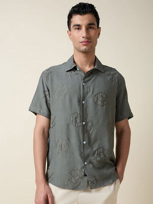 Olive Short Sleeves Spread Collar Oversized Embroidered Shirt For Men