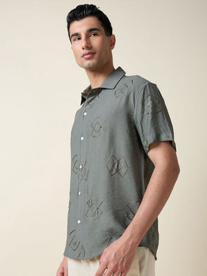 Olive Short Sleeves Spread Collar Oversized Embroidered Shirt For Men