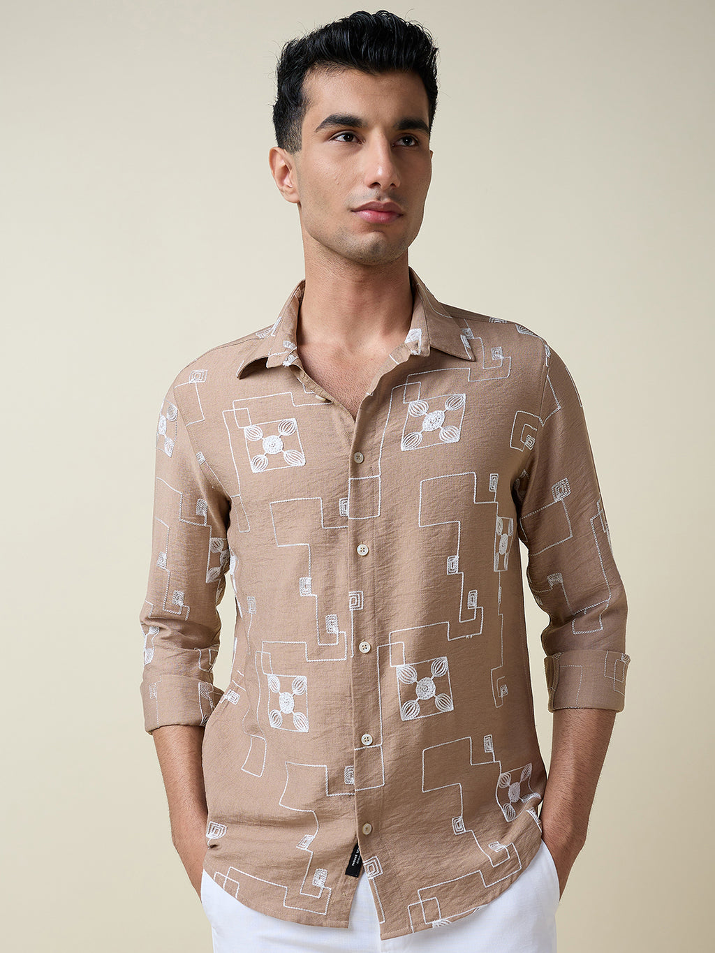 Thomas Scott Men Beige Long Sleeves Spread Collar Slim Fit Embroidered Shirt