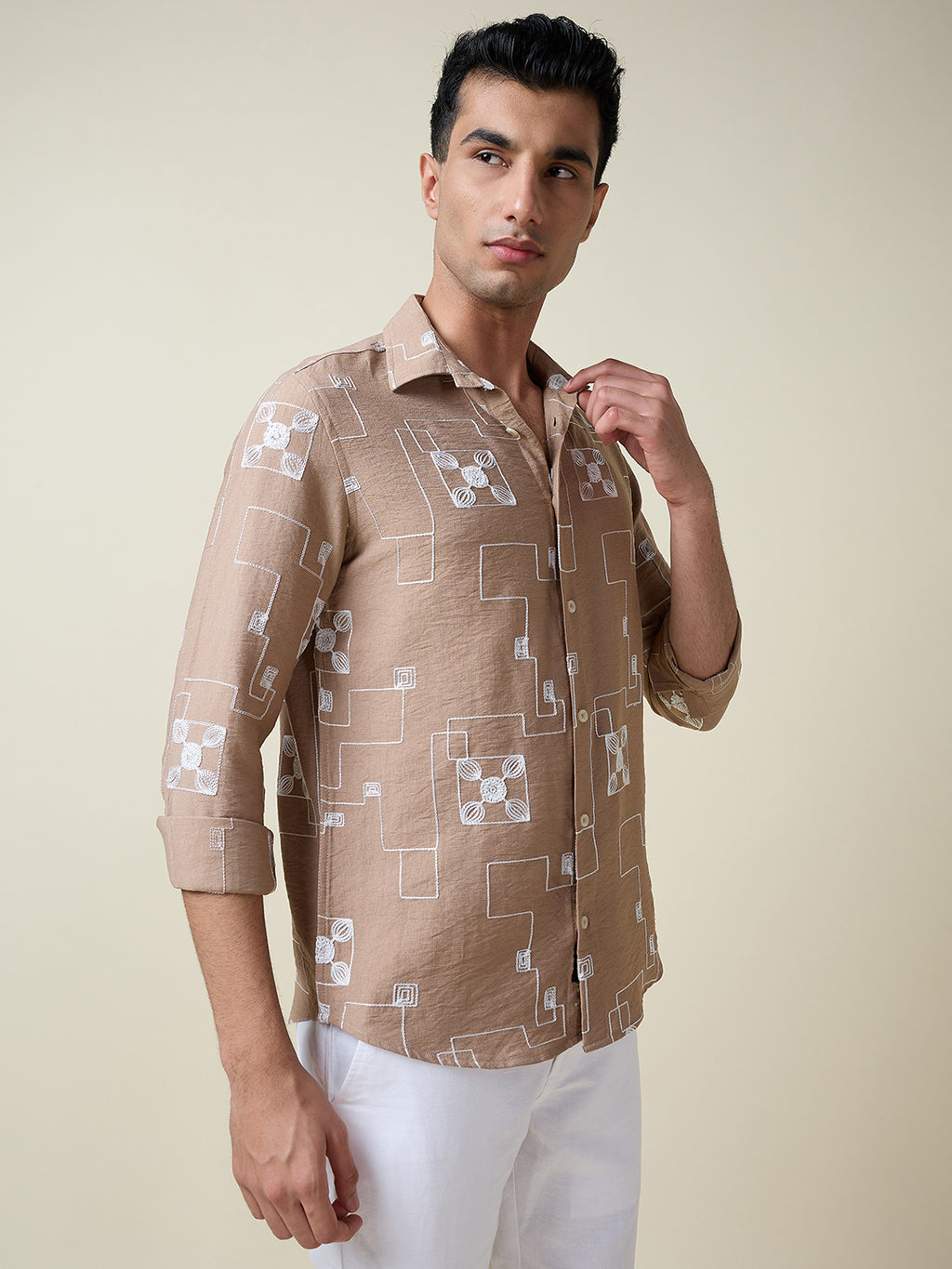Thomas Scott Men Beige Long Sleeves Spread Collar Slim Fit Embroidered Shirt