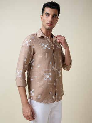 Thomas Scott Men Beige Long Sleeves Spread Collar Slim Fit Embroidered Shirt
