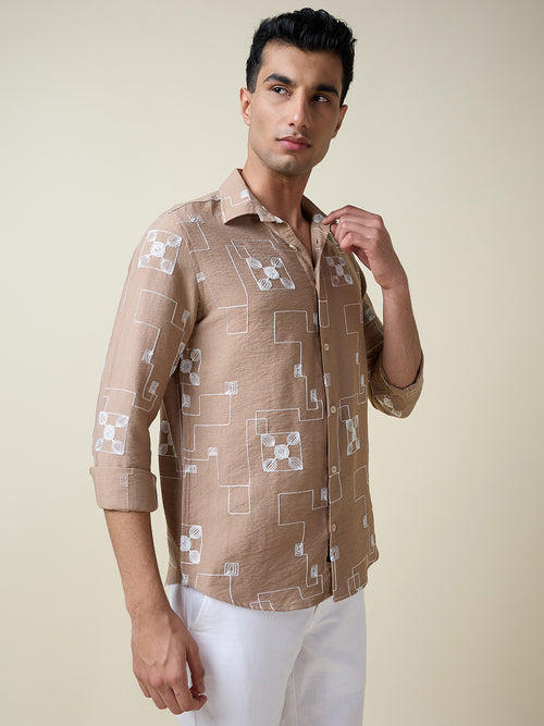 Thomas Scott Men Beige Long Sleeves Spread Collar Slim Fit Embroidered Shirt