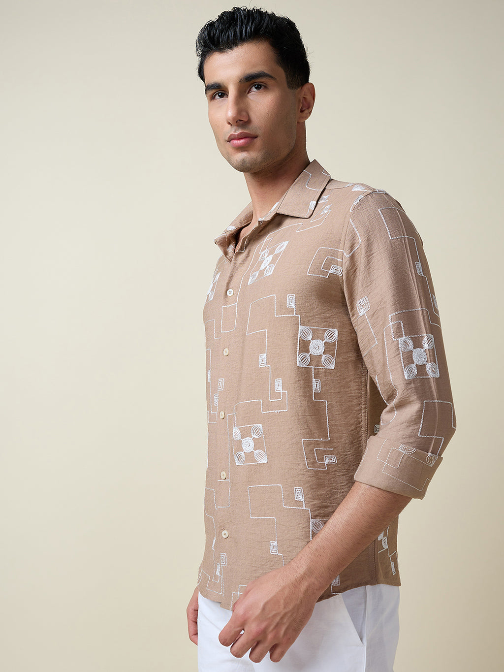 Thomas Scott Men Beige Long Sleeves Spread Collar Slim Fit Embroidered Shirt