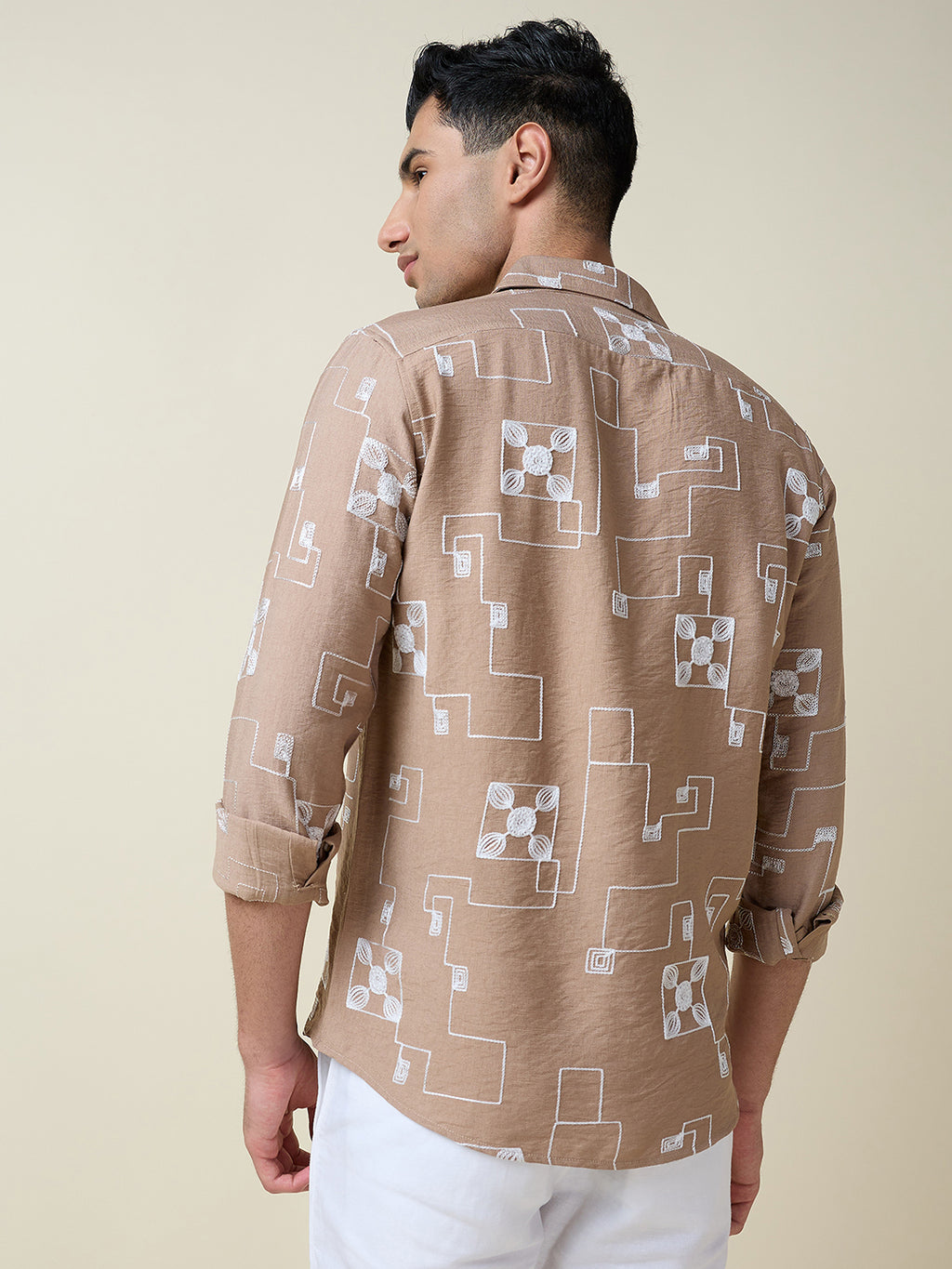 Thomas Scott Men Beige Long Sleeves Spread Collar Slim Fit Embroidered Shirt