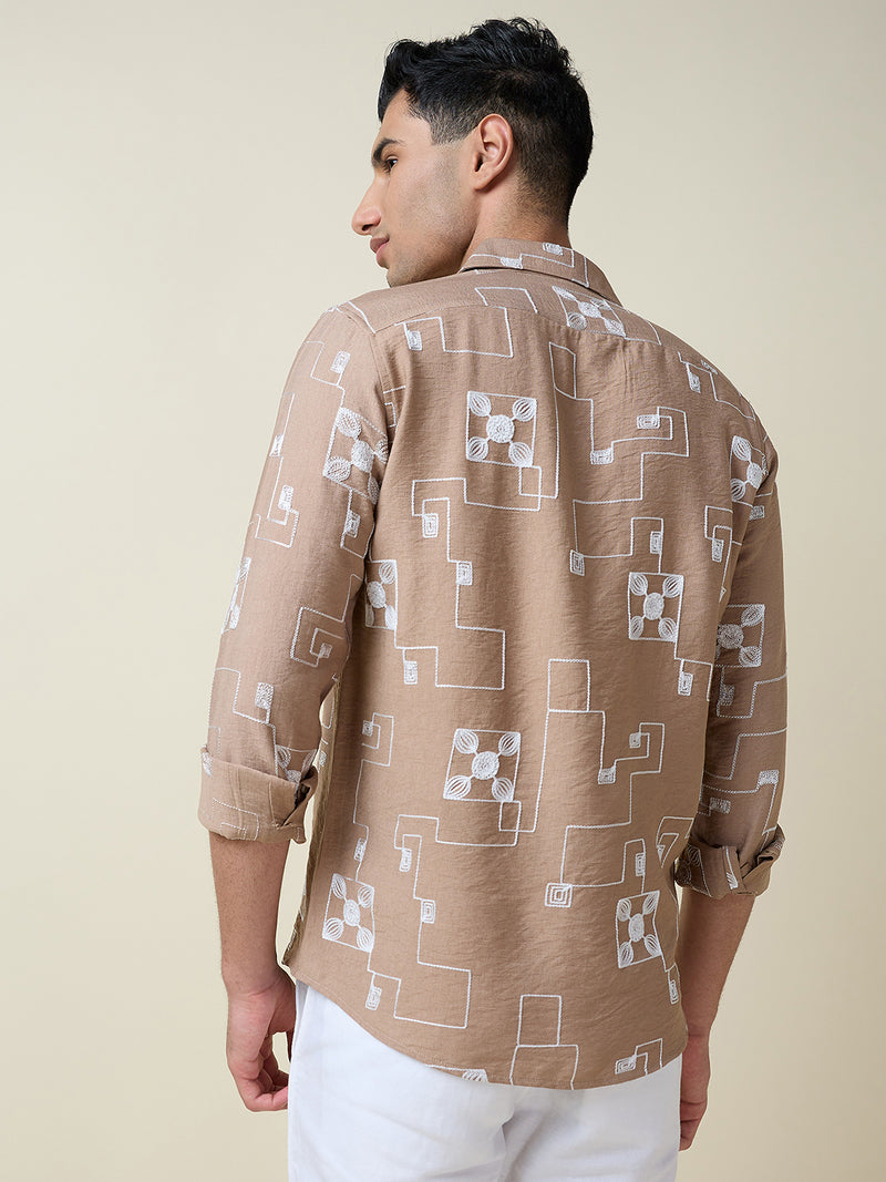 Thomas Scott Men Beige Long Sleeves Spread Collar Slim Fit Embroidered Shirt