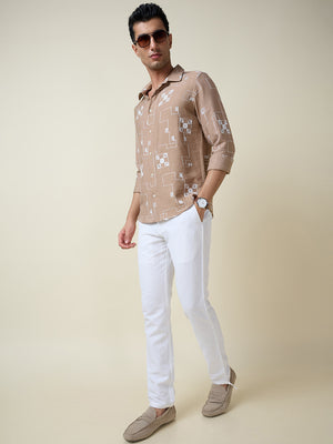 Thomas Scott Men Beige Long Sleeves Spread Collar Slim Fit Embroidered Shirt