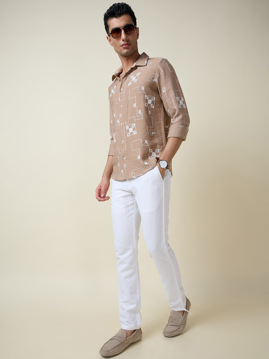 Thomas Scott Men Beige Long Sleeves Spread Collar Slim Fit Embroidered Shirt