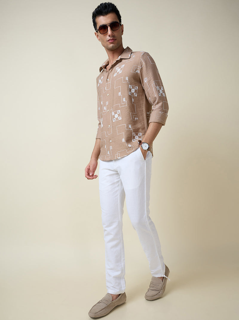 Thomas Scott Men Beige Long Sleeves Spread Collar Slim Fit Embroidered Shirt