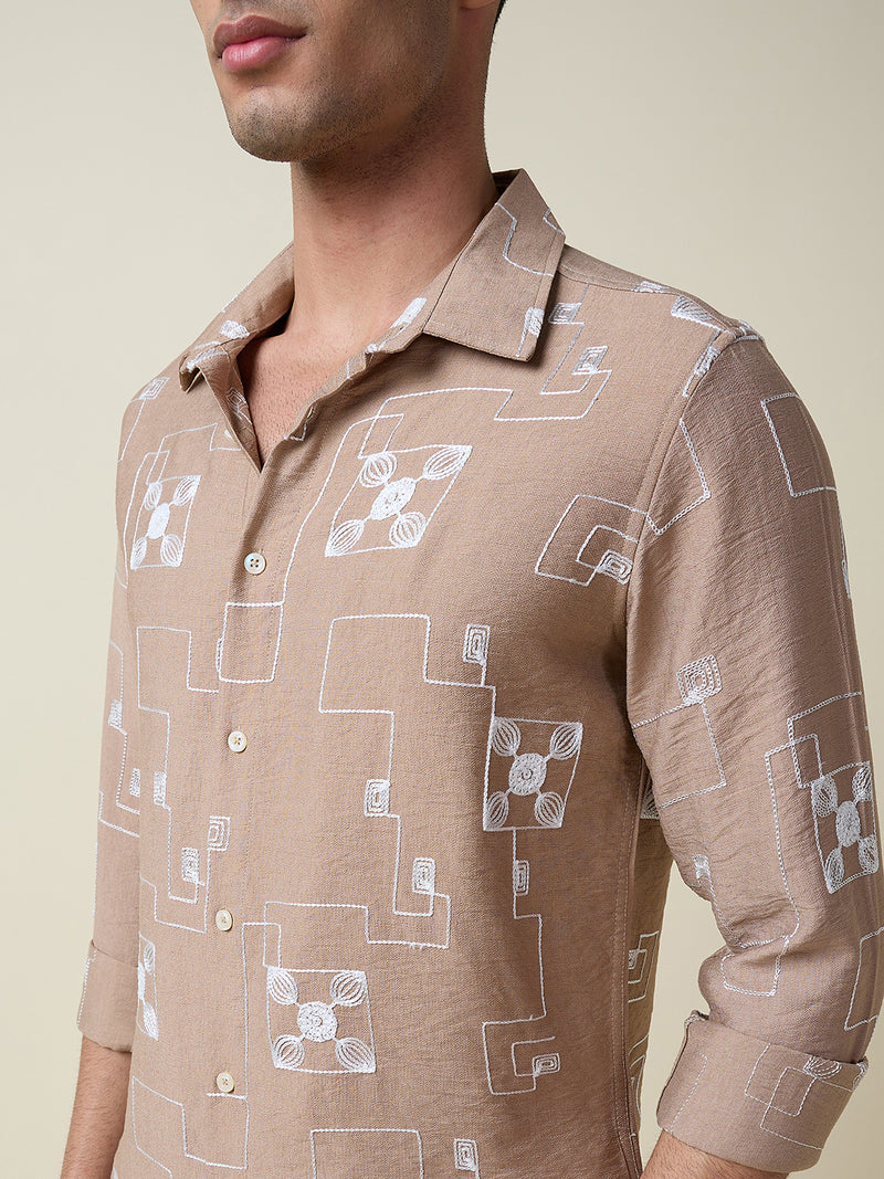 Thomas Scott Men Beige Long Sleeves Spread Collar Slim Fit Embroidered Shirt