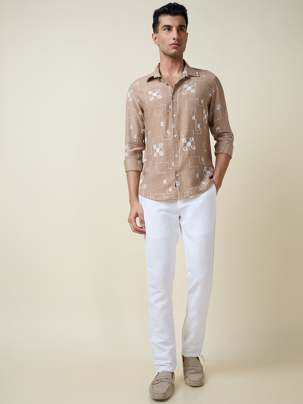 Thomas Scott Men Beige Long Sleeves Spread Collar Slim Fit Embroidered Shirt