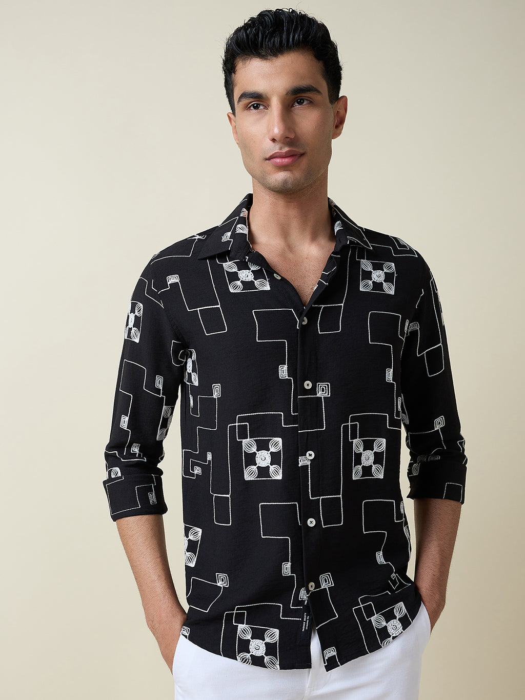 Thomas Scott Men Black Long Sleeves Spread Collar Slim Fit Embroidered Shirt
