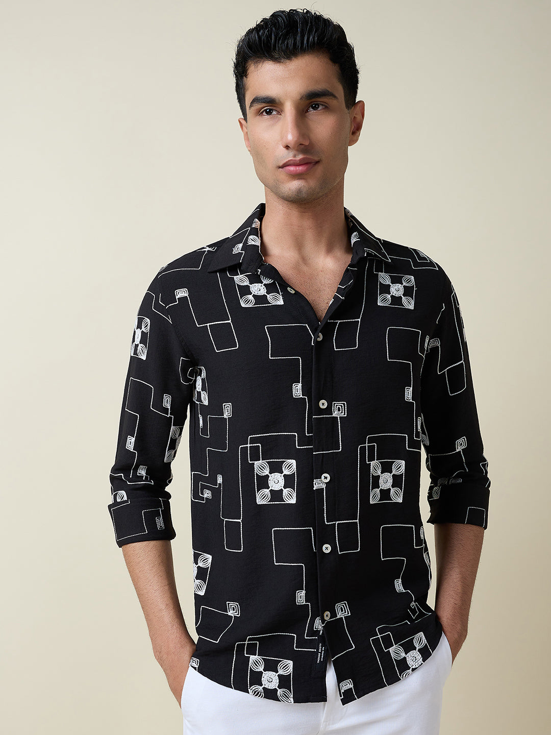 Thomas Scott Men Black Long Sleeves Spread Collar Slim Fit Embroidered Shirt