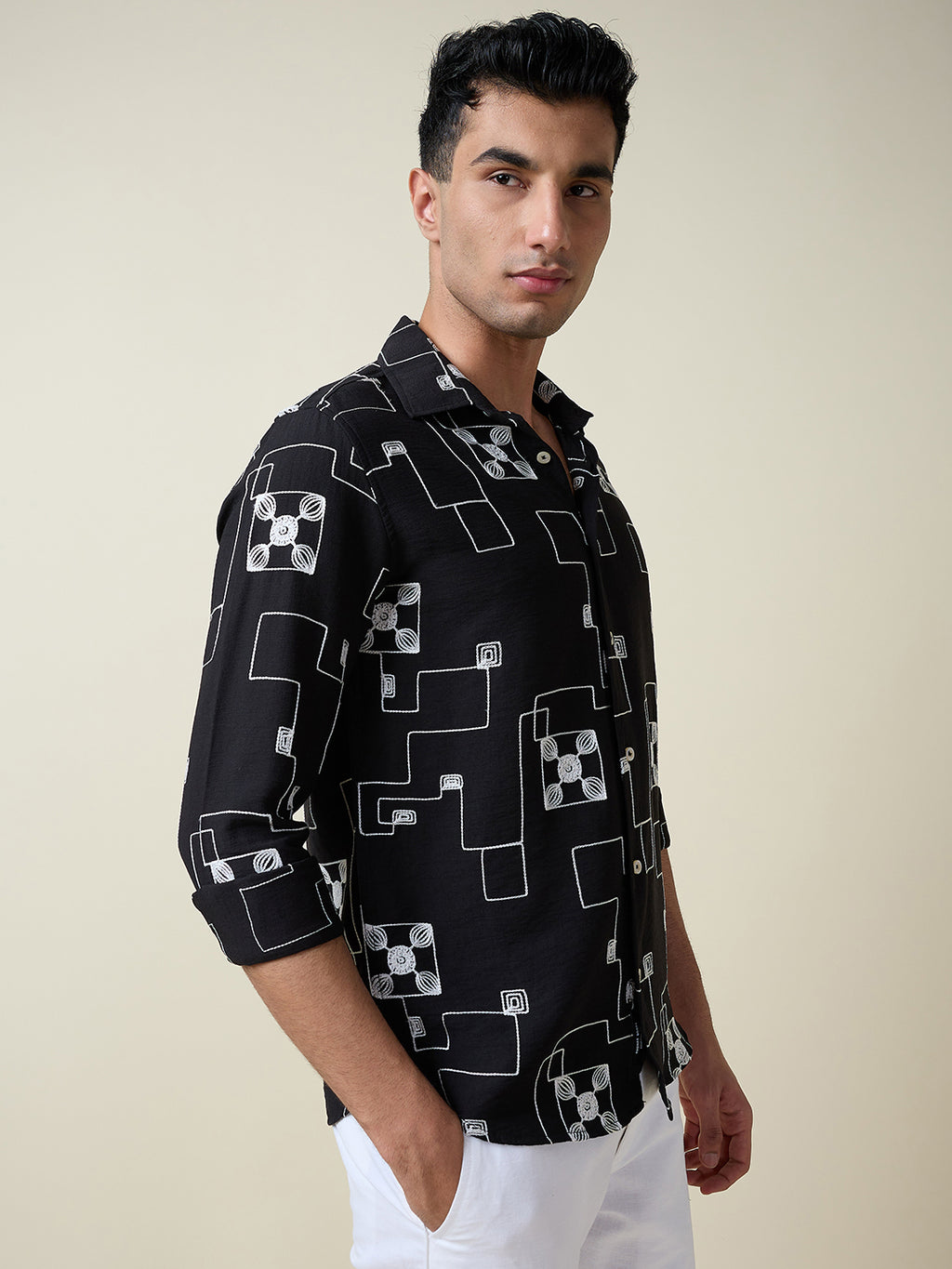 Thomas Scott Men Black Long Sleeves Spread Collar Slim Fit Embroidered Shirt
