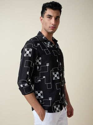 Thomas Scott Men Black Long Sleeves Spread Collar Slim Fit Embroidered Shirt