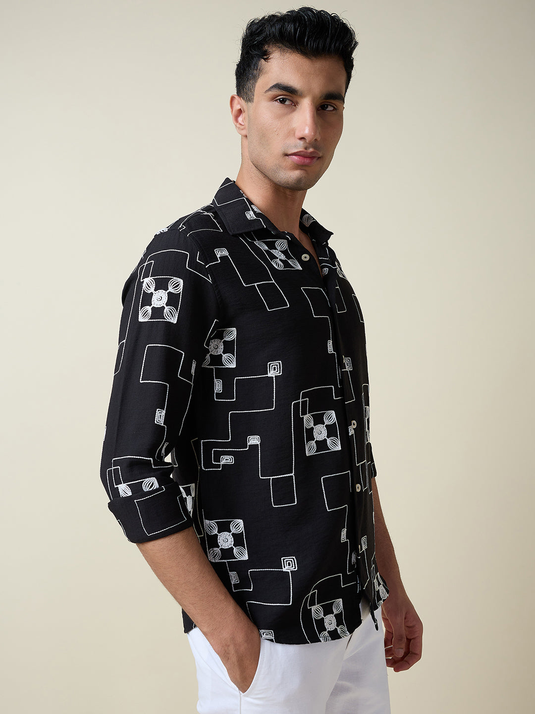 Thomas Scott Men Black Long Sleeves Spread Collar Slim Fit Embroidered Shirt