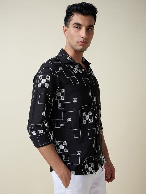 Thomas Scott Men Black Long Sleeves Spread Collar Slim Fit Embroidered Shirt
