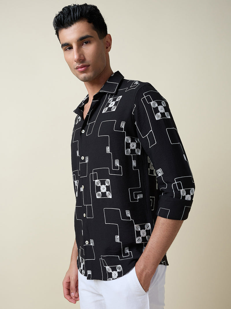 Thomas Scott Men Black Long Sleeves Spread Collar Slim Fit Embroidered Shirt