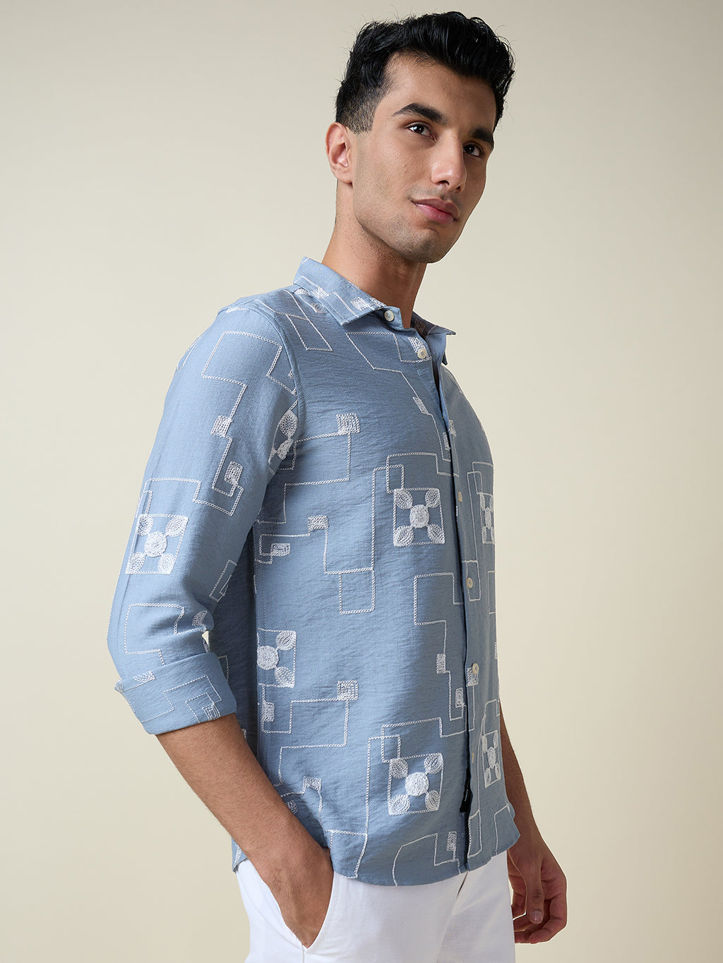 Thomas Scott Men Blue Long Sleeves Spread Collar Slim Fit Embroidered Shirt