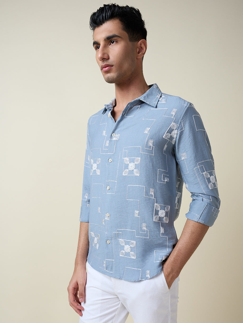 Thomas Scott Men Blue Long Sleeves Spread Collar Slim Fit Embroidered Shirt